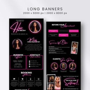 May include: Black and pink vertical banner ad for a hair stylist, featuring the text "Hair by Melody" and images of hairstyles. Includes business hours, contact information, and booking policies. The ad also showcases client photos.