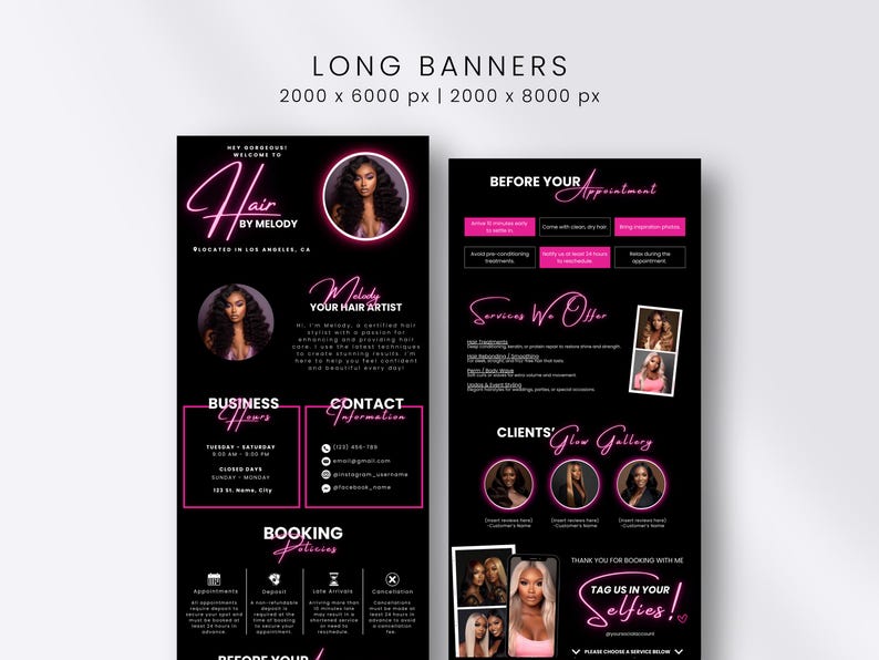 May include: Black and pink vertical banner ad for a hair stylist, featuring the text "Hair by Melody" and images of hairstyles. Includes business hours, contact information, and booking policies. The ad also showcases client photos.