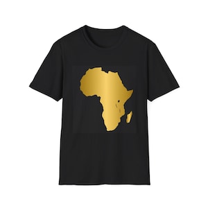 Stilvolles Afrika Karte T-Shirt, Gold Afrika Design T-Shirt, Unisex Softstyle Shirt, Freizeitkleidung, Reise Shirt, Geschenk für Afrika-Liebhaber