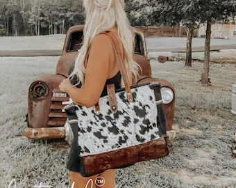 Myra Bag Black & White Cowhide Leather Backpack with Embossed Brown Flap Myra Bag® High Ranch Country Backpack - Fort Brands main image 3