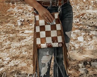 Stockdale Checkered Cowhide Fringe Purse by Countryside Co.