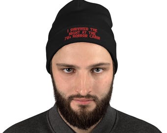 I Survived the Night at the 70s Horror Cabin Red Embroidered Black Beanie