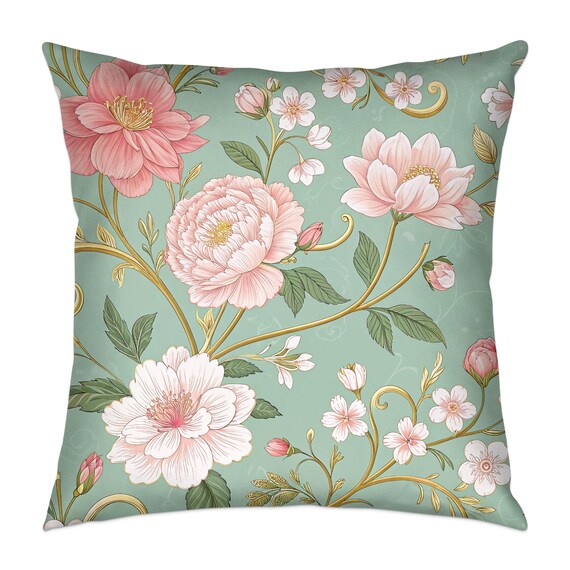 Floral Throw Pillow: Pink Peonies Print on Green, Cottagecore Accent