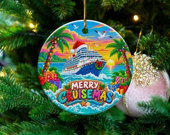 Merry Cruisemas Ceramic Ornament, Tropical Cruise Ship Holiday Keepsake (Round)