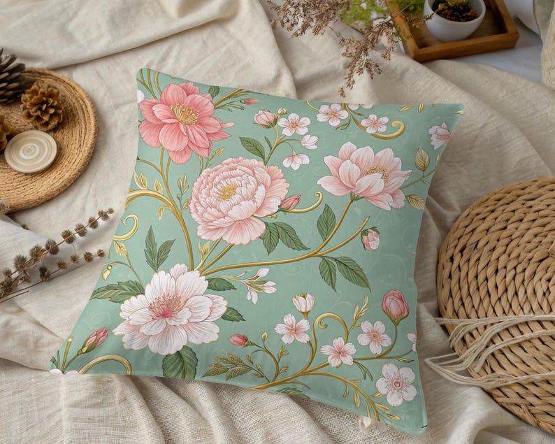 Floral Throw Pillow Cover, Vintage Flower Cushion, Decorative Pillow for Couch, Living Room Accent, Spring Home Decor, Gift Idea