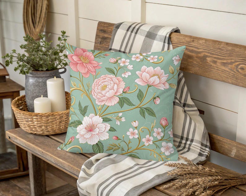 Floral Throw Pillow Cover, Vintage Flower Cushion, Decorative Pillowcase, Home Decor Accent, Cottagecore Living Room, Gift for Her