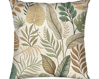 Tropical Leaves Throw Pillow: Botanical Nature-Inspired Cushion