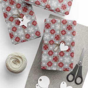 Red Snowflakes Holiday Wrapping Paper, Festive Winter Gift Wrap