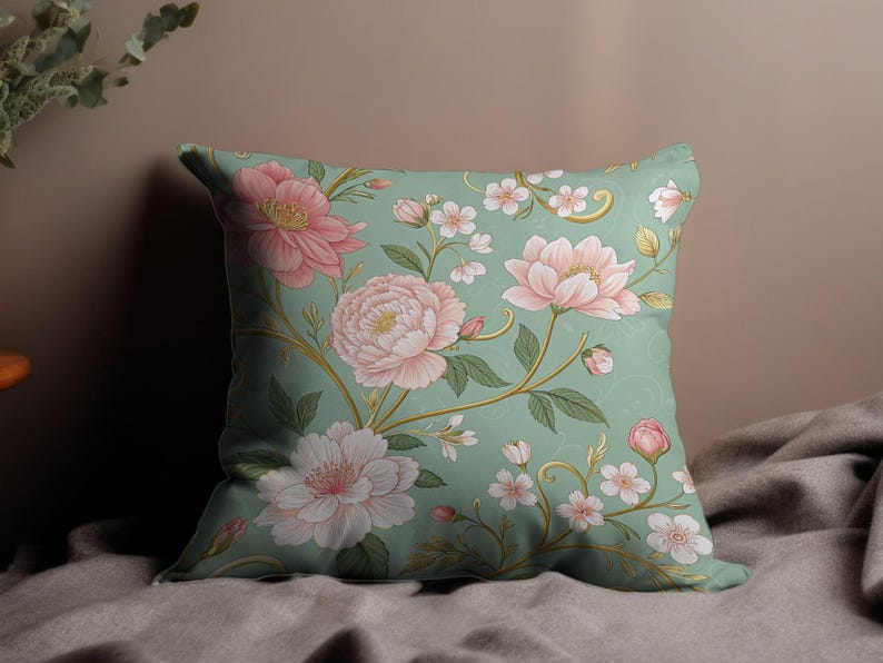 Floral Throw Pillow, Flower Print Cushion, Decorative Pillow for Couch, Vintage Floral Design, Elegant Home Decor Pillow