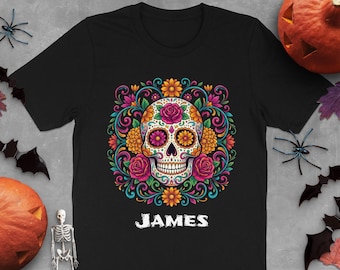 Vibrant Sugar Skull T-Shirt, Calavera Floral Tee, Mexican Folk Art Rose Shirt