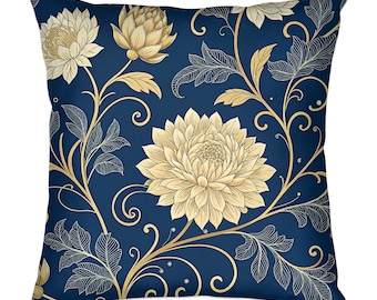 Almofada decorativa floral azul-marinho: almofada com detalhes botânicos dourados