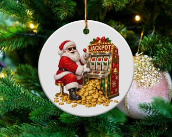 Funny Casino Santa Ornament, Vegas Slot Machine Christmas Decor (Ceramic)
