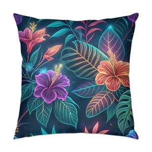 Neon Tropical Floral Throw Pillows, Vibrant Hibiscus Flower Cushions, Modern Botanical Accent Pillows, Colorful Home Decor Pillows