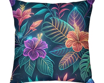 Almofada decorativa de hibisco neon: almofada com detalhes florais tropicais