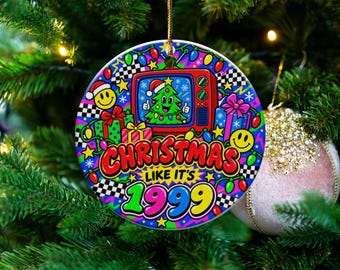 90s Christmas Ornament, Retro Cartoon Art, Y2K Holiday Bauble (Ceramic)