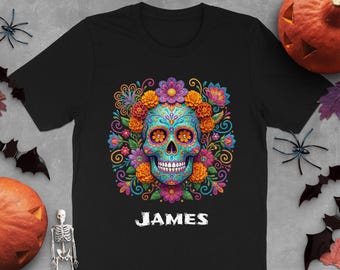 Vibrant Sugar Skull T-Shirt, Mexican Folk Art Calavera Tee, Boho Floral Skeleton Shirt