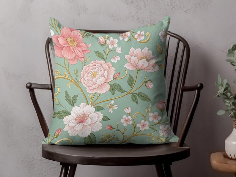 Floral Throw Pillow, Decorative Cushion, Vintage Floral Pattern Pillow, Sofa Accent Pillow, Stylish Home Decor, Green Flower Cushion Pillow