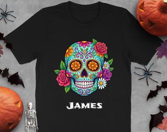 Vibrant Sugar Skull T-Shirt | Floral Calavera Mexican Folk Art Tee