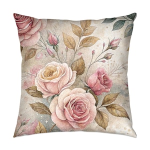 Watercolor Floral Roses Pillow: Shabby Chic Cottage Decor