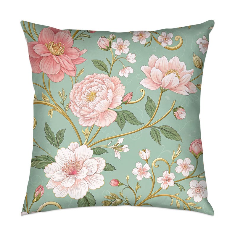 Floral Throw Pillow Cover, Decorative Cushion Cover, Vintage Flower Design, Green Background, Home Decor, Sofa Pillow, Living Room Decor