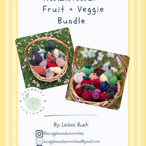 May include: The image presents a Farmers Market Fruit + Veggie Bundle. Two baskets are filled with colourful, crocheted fruits and vegetables. The text "FARMER'S MARKET Fruit + Veggie Bundle" is at the top. The creator's name and contact information are also included.