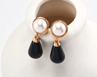 Onyx & Pearl Sterling Silver Dangle Earrings, Gold Accent, Valentine's Day Gift for Her