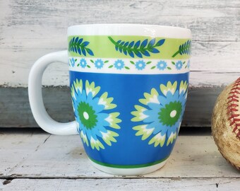 Vintage Hallmark Aztec mug , blue green white floral coffee cup , Cheerful mod retro vibe