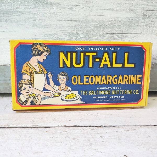 Vintage Nut-All oleo margarine box , super bright  country store kitchen decor collectible , advertising ephemera