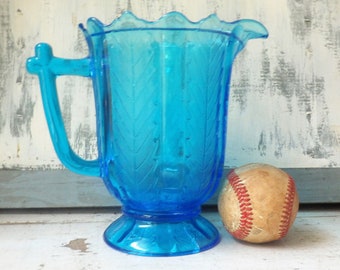 Vintage EAPG bright blue glass pitcher Colonial Capri blue paneled leaf scalloped rim  1 Ouart plus