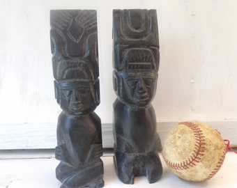 Vintage carved black stone bookends , Polynesian Tiki god figures statues , set of 2 great gift or decor