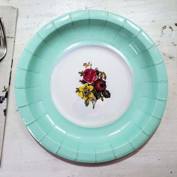 Faux china paper plates 8 pack 7 inch Aqua floral rose dining party wedding plates , trompe l'oeil plate