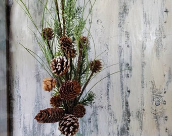 Snowy pine spruce pinecones branch stem pick spray , 21 inch glittered artificial silk floral supply