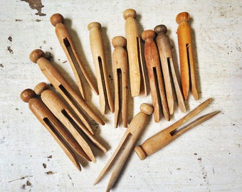 12 vintage wooden clothespins clothes pegs clothespegs round assorted 3.75 to 4 inch Laundry decor