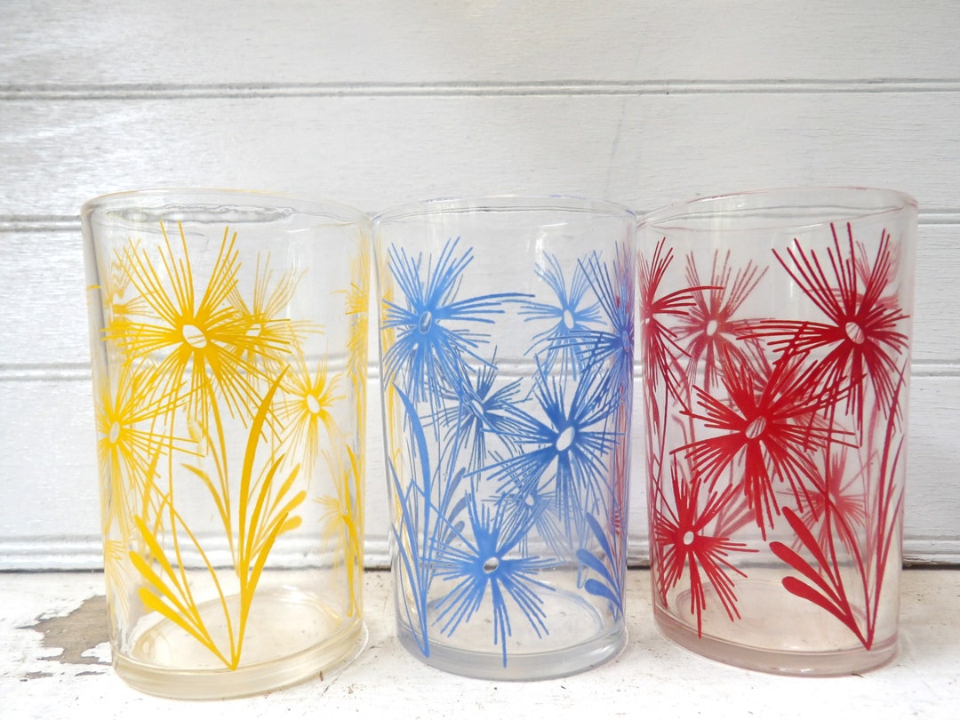 3 Vintage Swanky Swig Juice Glasses Cornflower Blue Red Yellow Etsy