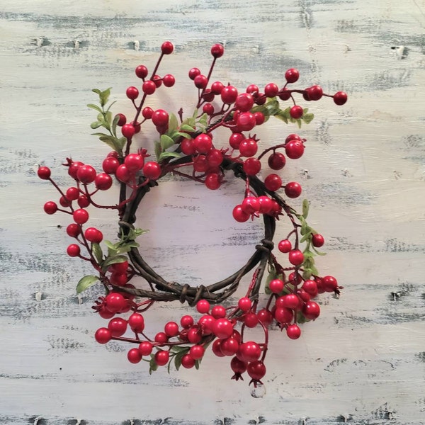 9-10" fake red berry and leaf candle ring  mini wreath 4.5" center, Floral arranging supply artificial berries