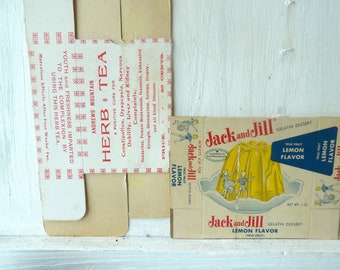 2 Vintage adverting paper boxes cartons,  Jack and Jill gelatin  and Herb tea  , NOS country store kitchen decor , advertising ephemera