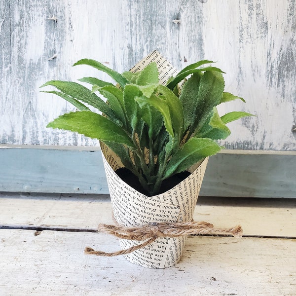 Small potted faux sage herb plant , antique French paper wrap, 6 inch fake greenery pot S