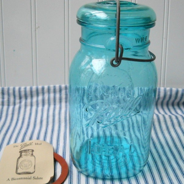 RESERVED FOR EHARVEY 2 Aqua Ball quart  jars blue Mason jars  bail top Ideal Bicentennial canning jar Farmhouse chic