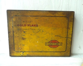 Vintage  Wills Gold Flake cigarette tin yellow shabby