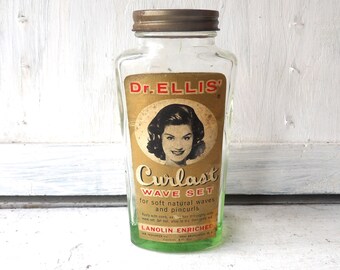 Vintage Dr. Ellis Curlast wave set bottle ,  comb dip top . Beauty shop decor