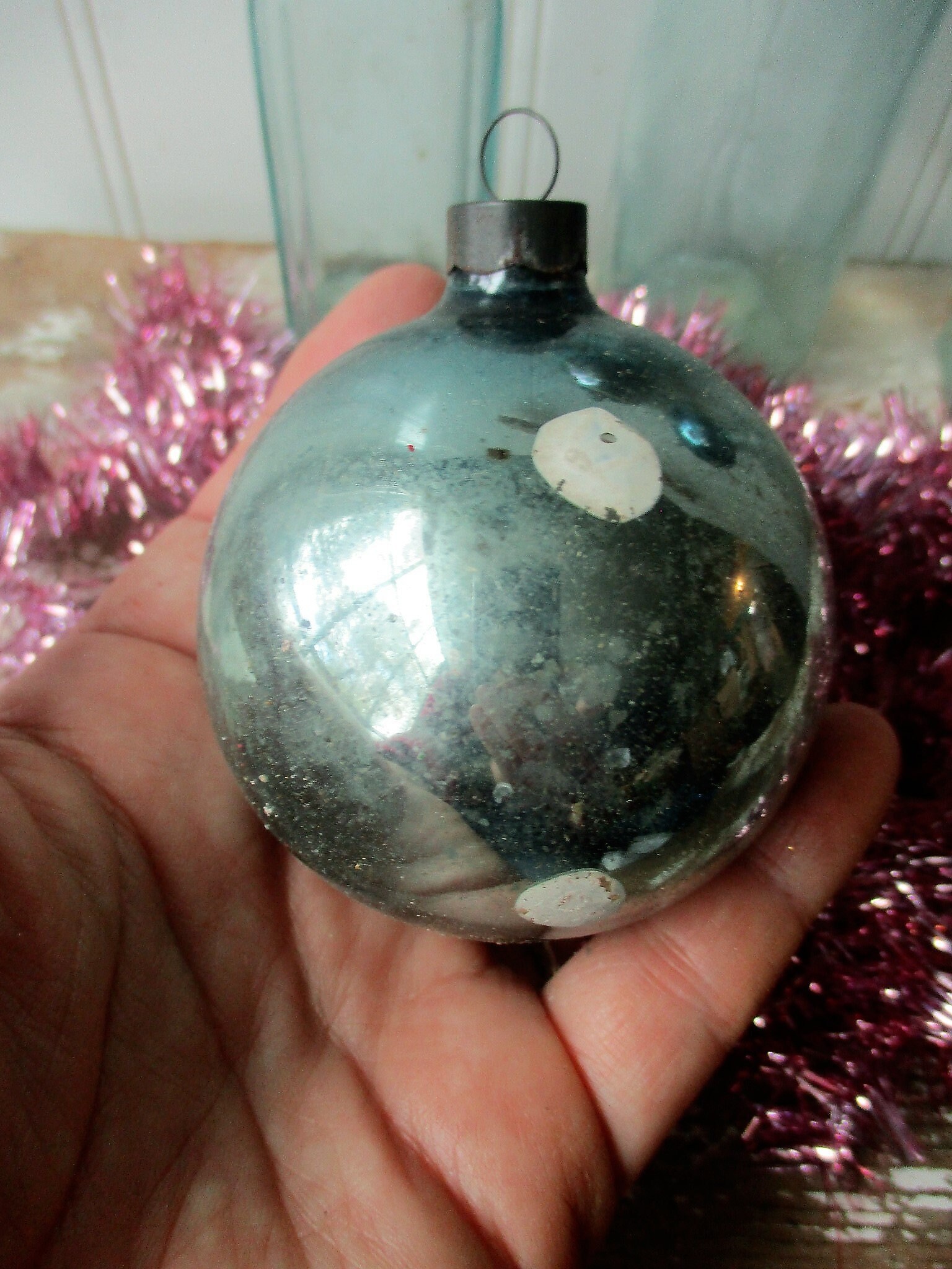 3 Vintage Christmas Tree Ornaments, Polka Dotted Blue Aqua