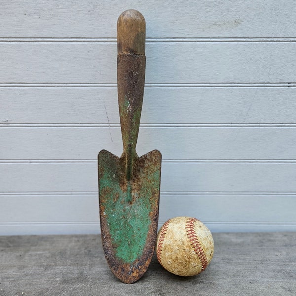 Vintage rusty hand spade trowel , shabby green garden shovel,  gardening tool , garden decor