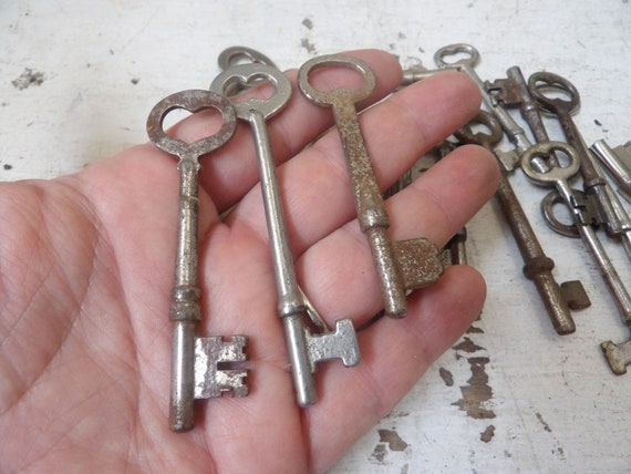 Three Antique Door Skeleton Keys, Vintage Silver Door Keys