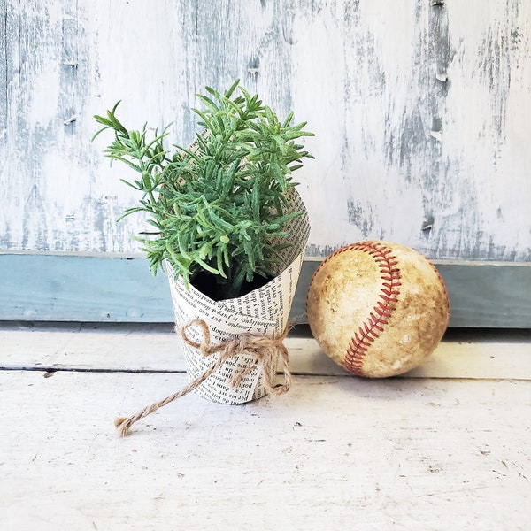 Small potted faux rosemary lavender herb plant , antique French paper wrap, 6 inch fake greenery pot L