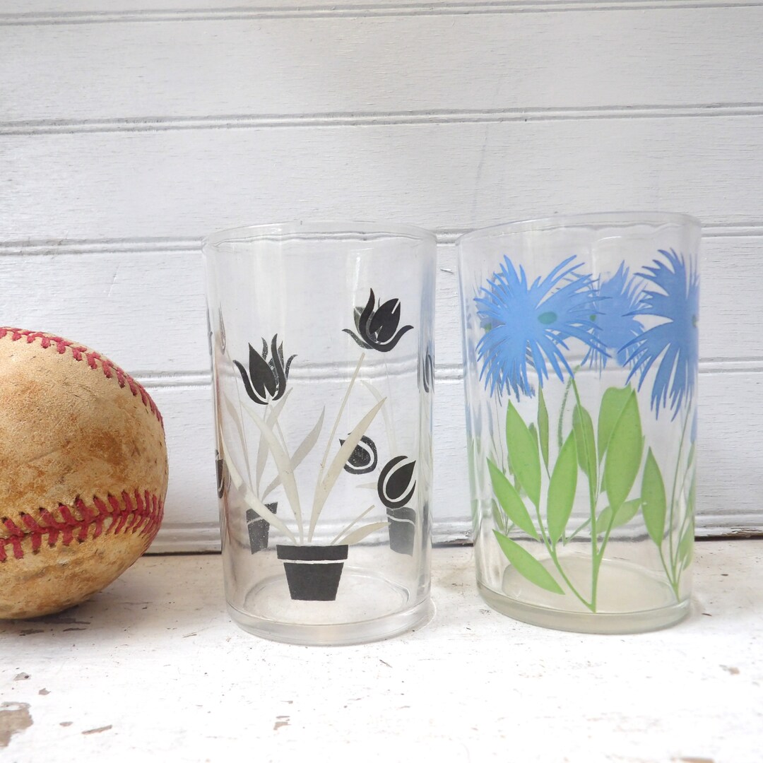 2 Vintage Swanky Swig Juice Glasses Blue Flower Black Tulip G5 - Etsy