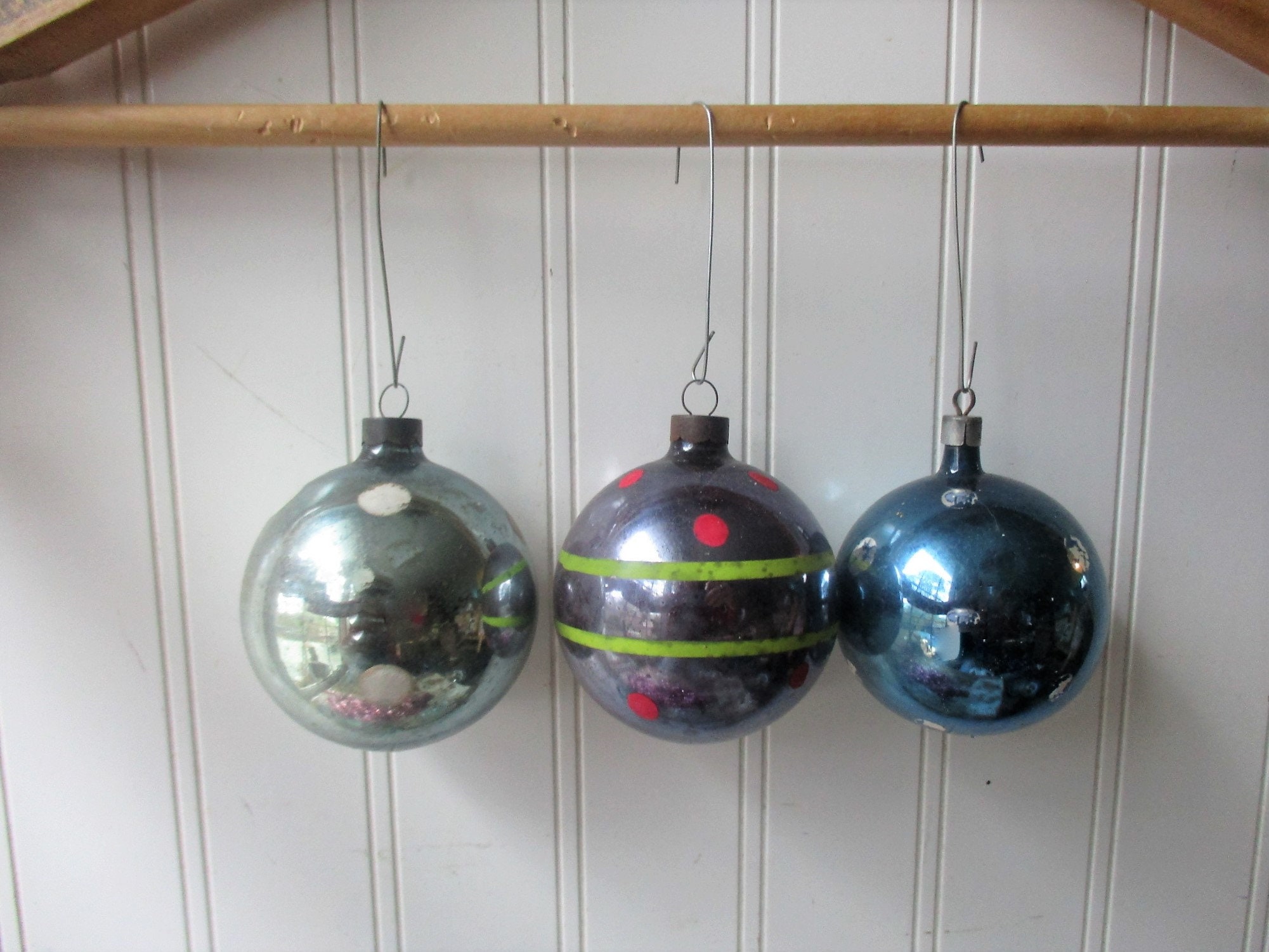 3 Vintage Christmas Tree Ornaments, Polka Dotted Blue Aqua