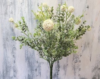 Artificial white floral bush, 14" faux greenery pick, plastic allium globe flower spray ,  Farmhouse decor