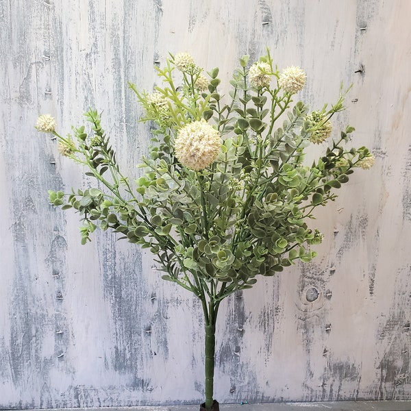 Artificial white floral bush, 14" faux greenery pick, plastic allium globe flower spray ,  Farmhouse decor