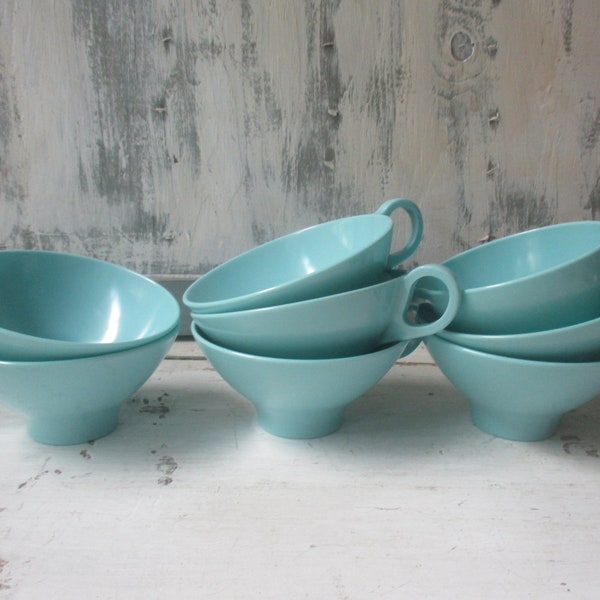 7 Melmac aqua cups plus creamer vintage melmine coffee tea cups turquoise blue green flared