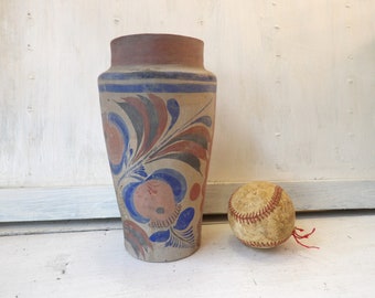 Vintage Mexican pottery vase , 9 inch unglazed matte folk art flowers , floral souvenir tourist